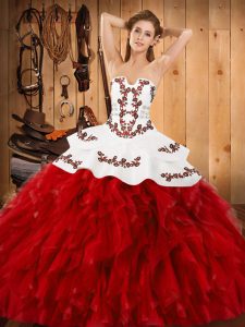 Graceful Ball Gowns 15th Birthday Dress Wine Red Strapless Satin and Organza Sleeveless Floor Length Lace Up