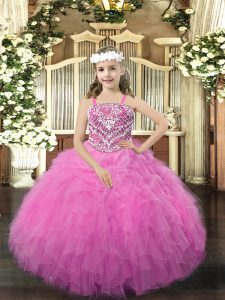 Affordable Organza Straps Sleeveless Lace Up Beading and Ruffles Kids Pageant Dress in Rose Pink