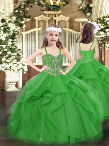 Admirable Green Ball Gowns Straps Sleeveless Tulle Floor Length Lace Up Beading and Ruffles Girls Pageant Dresses