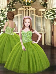 Olive Green Sleeveless Floor Length Beading Lace Up Kids Pageant Dress