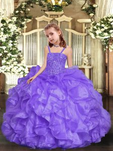 Custom Design Lavender Lace Up Little Girl Pageant Gowns Beading and Ruffles Sleeveless Floor Length