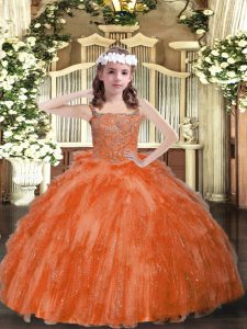 Orange Red Ball Gowns Beading and Ruffles Little Girl Pageant Dress Lace Up Organza Sleeveless Floor Length