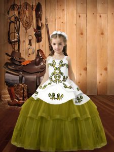 Low Price Embroidery Child Pageant Dress Olive Green Lace Up Sleeveless Floor Length