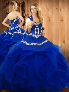 Excellent Organza Sweetheart Sleeveless Lace Up Embroidery and Ruffles Vestidos de Quinceanera in Blue