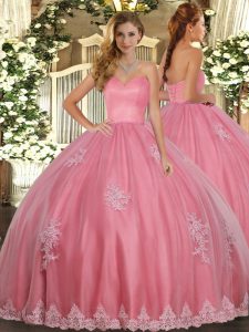 Floor Length Watermelon Red 15 Quinceanera Dress Tulle Sleeveless Beading and Appliques
