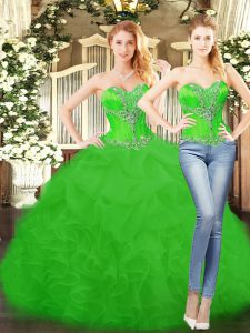 Latest Floor Length Lace Up 15 Quinceanera Dress Green for Military Ball and Sweet 16 and Quinceanera with Beading and R