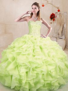 Stylish Yellow Green Organza Lace Up Sweetheart Sleeveless Floor Length Sweet 16 Dresses Beading and Ruffles
