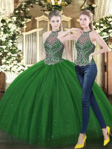 Dramatic High-neck Sleeveless Lace Up Quinceanera Dress Dark Green Tulle