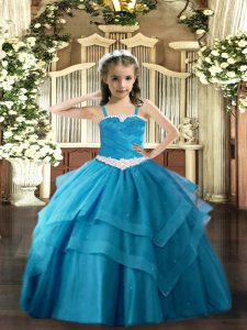 Custom Fit Tulle Straps Sleeveless Lace Up Appliques and Ruffled Layers Kids Formal Wear in Baby Blue