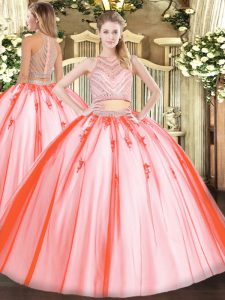 Beading Ball Gown Prom Dress Watermelon Red Zipper Sleeveless Floor Length