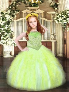 Fantastic Yellow Green Ball Gowns Organza Scoop Sleeveless Beading and Ruffles Floor Length Zipper Little Girl Pageant G