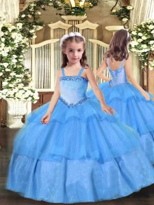 Floor Length Baby Blue Little Girls Pageant Dress Organza Sleeveless Appliques