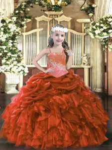 Floor Length Rust Red Little Girl Pageant Dress Organza Sleeveless Appliques and Ruffles