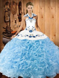 Smart Baby Blue Fabric With Rolling Flowers Lace Up Ball Gown Prom Dress Sleeveless Floor Length Embroidery