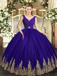 Fashion V-neck Sleeveless Backless Sweet 16 Dresses Purple Tulle