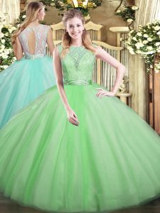 Edgy Floor Length Apple Green Sweet 16 Dresses Tulle Sleeveless Lace