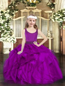 Affordable Fuchsia Ball Gowns Scoop Sleeveless Organza Floor Length Zipper Beading and Ruffles Girls Pageant Dresses