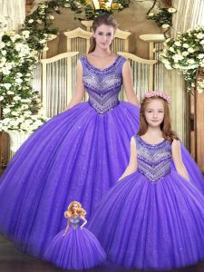 Inexpensive Eggplant Purple Lace Up Quince Ball Gowns Beading Sleeveless Floor Length