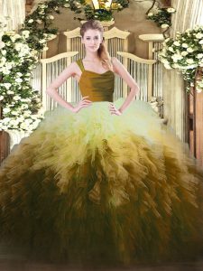 Sleeveless Tulle Floor Length Zipper 15th Birthday Dress in Multi-color with Ruffles