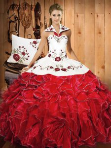 White And Red Sleeveless Floor Length Embroidery and Ruffles Lace Up Quinceanera Gown