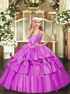 Lilac Ball Gowns Organza V-neck Sleeveless Beading and Ruffled Layers Floor Length Lace Up Little Girls Pageant Gowns