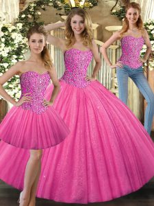 Hot Pink Tulle Lace Up Sweet 16 Dresses Sleeveless Floor Length Beading