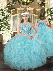 Floor Length Ball Gowns Sleeveless Light Blue Pageant Dress for Girls Lace Up