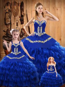 Sweetheart Sleeveless Quinceanera Dress Floor Length Embroidery and Ruffled Layers Blue Satin and Organza