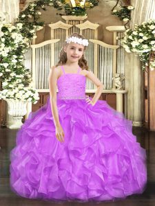 Fashionable Sleeveless Floor Length Beading and Lace and Ruffles Zipper Pageant Gowns For Girls with Lavender