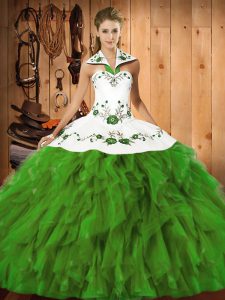 Wonderful Olive Green Sleeveless Satin and Organza Lace Up 15th Birthday Dress for Military Ball and Sweet 16 and Quince