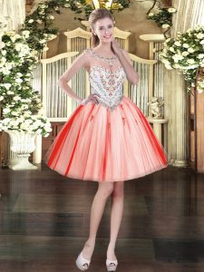 Custom Fit Coral Red Tulle Zipper Scoop Sleeveless Mini Length Evening Dress Beading and Appliques