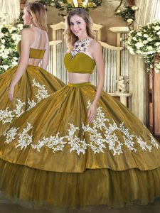 Charming Olive Green Ball Gowns High-neck Sleeveless Tulle Floor Length Backless Beading and Appliques Vestidos de Quinc