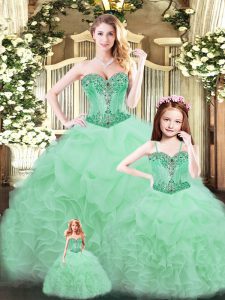 Sumptuous Apple Green Tulle Lace Up 15 Quinceanera Dress Sleeveless Floor Length Beading and Ruffles