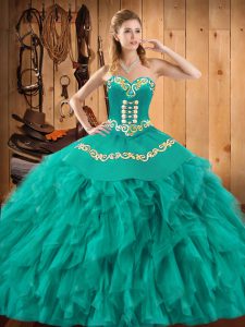 Hot Sale Turquoise Sweetheart Lace Up Embroidery and Ruffles 15 Quinceanera Dress Sleeveless