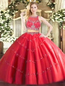 Elegant Red Sleeveless Floor Length Beading Zipper Sweet 16 Dress