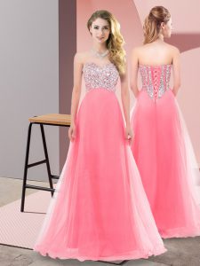 Beautiful Floor Length Lace Up Vestidos de Damas Watermelon Red for Prom and Party with Beading