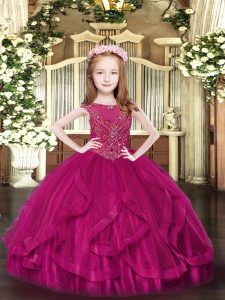 Classical Fuchsia Ball Gowns Tulle Scoop Sleeveless Beading and Ruffles Floor Length Zipper Little Girls Pageant Gowns