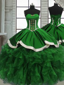 Amazing Green Lace Up Sweetheart Beading and Ruffles Ball Gown Prom Dress Satin and Organza Sleeveless
