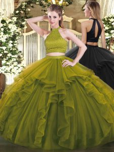 Olive Green Quinceanera Dresses Military Ball and Sweet 16 and Quinceanera with Beading and Ruffles Halter Top Sleeveles