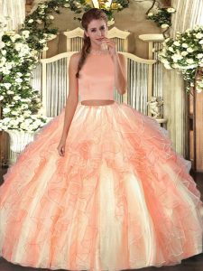 Adorable Floor Length Orange Red Quince Ball Gowns Organza Sleeveless Beading and Ruffles