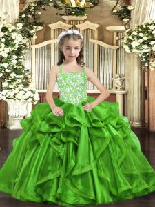 Sleeveless Organza Floor Length Lace Up Glitz Pageant Dress in Green with Beading and Ruffles