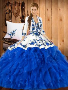 High Class Ball Gowns Quinceanera Dress Blue Sweetheart Satin and Organza Sleeveless Floor Length Lace Up