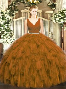 Perfect Brown Ball Gowns V-neck Sleeveless Tulle Floor Length Zipper Beading and Ruffles Quince Ball Gowns