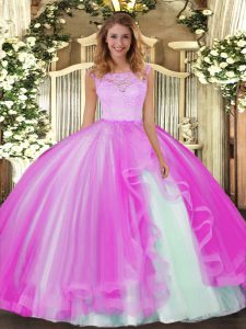 Flare Sleeveless Clasp Handle Floor Length Lace and Ruffles Quince Ball Gowns
