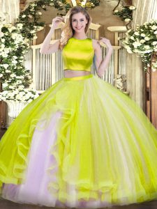 Glamorous Two Pieces Quinceanera Dresses Yellow Green High-neck Tulle Sleeveless Floor Length Criss Cross