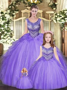 Custom Made Sleeveless Floor Length Beading and Ruffles Lace Up Quince Ball Gowns with Eggplant Purple