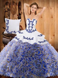 Traditional Sweep Train Ball Gowns 15 Quinceanera Dress Multi-color Strapless Satin and Fabric With Rolling Flowers Slee