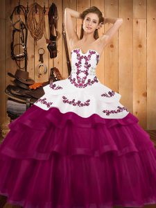 Sweep Train Ball Gowns Sweet 16 Dress Fuchsia Strapless Tulle Sleeveless Lace Up