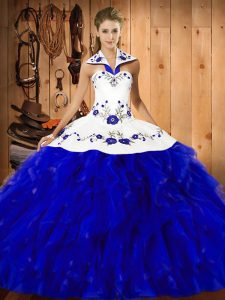Trendy Blue And White Lace Up Halter Top Embroidery and Ruffles Quinceanera Dresses Satin and Organza Sleeveless