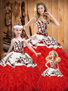 White And Red Sleeveless Floor Length Embroidery and Ruffles Lace Up Sweet 16 Dresses
